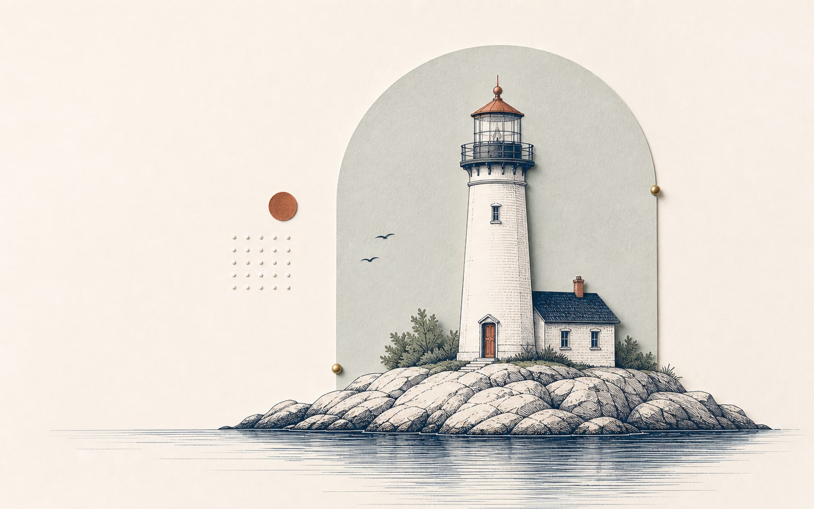A mixed-media Arc Echo lighthouse on a rocky shore with tactile paper shapes and brass details