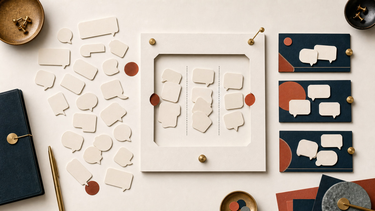 Tactile editorial composition sorting recurring client questions into useful content themes