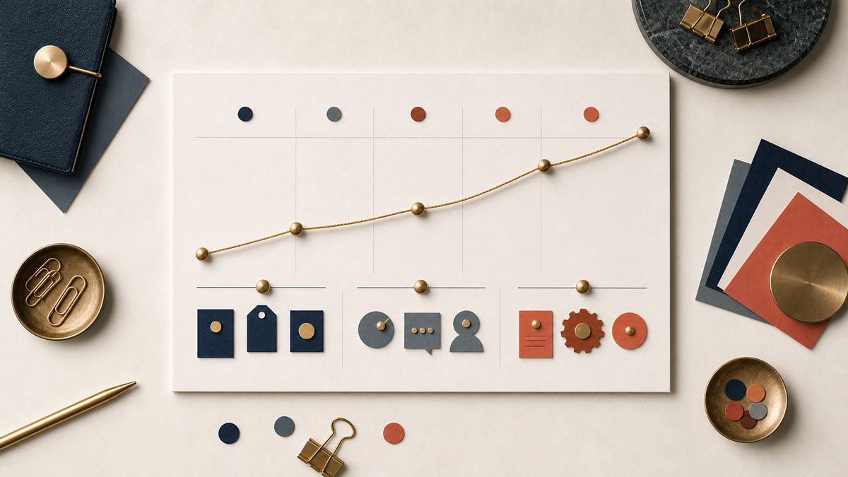 Tactile editorial measurement board showing commercial signals rising above activity counts