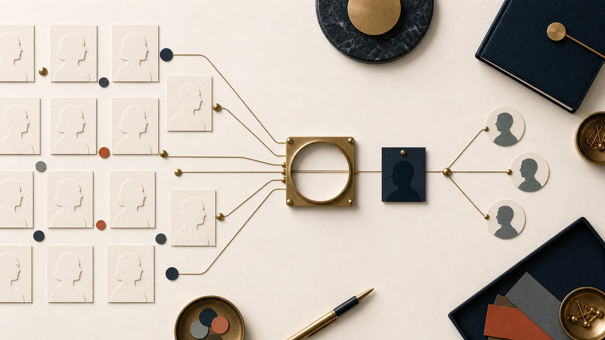 Tactile editorial composition showing several audience profiles narrowing to one selected focus