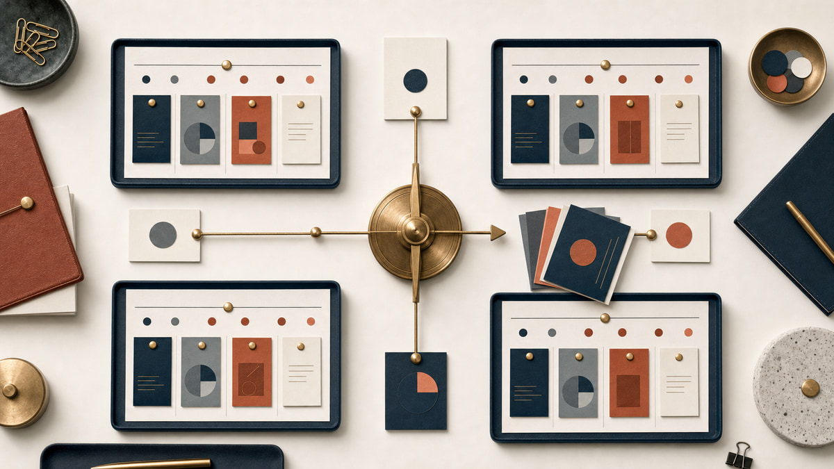 Tactile editorial composition arranging four planning boards around a quarterly review dial