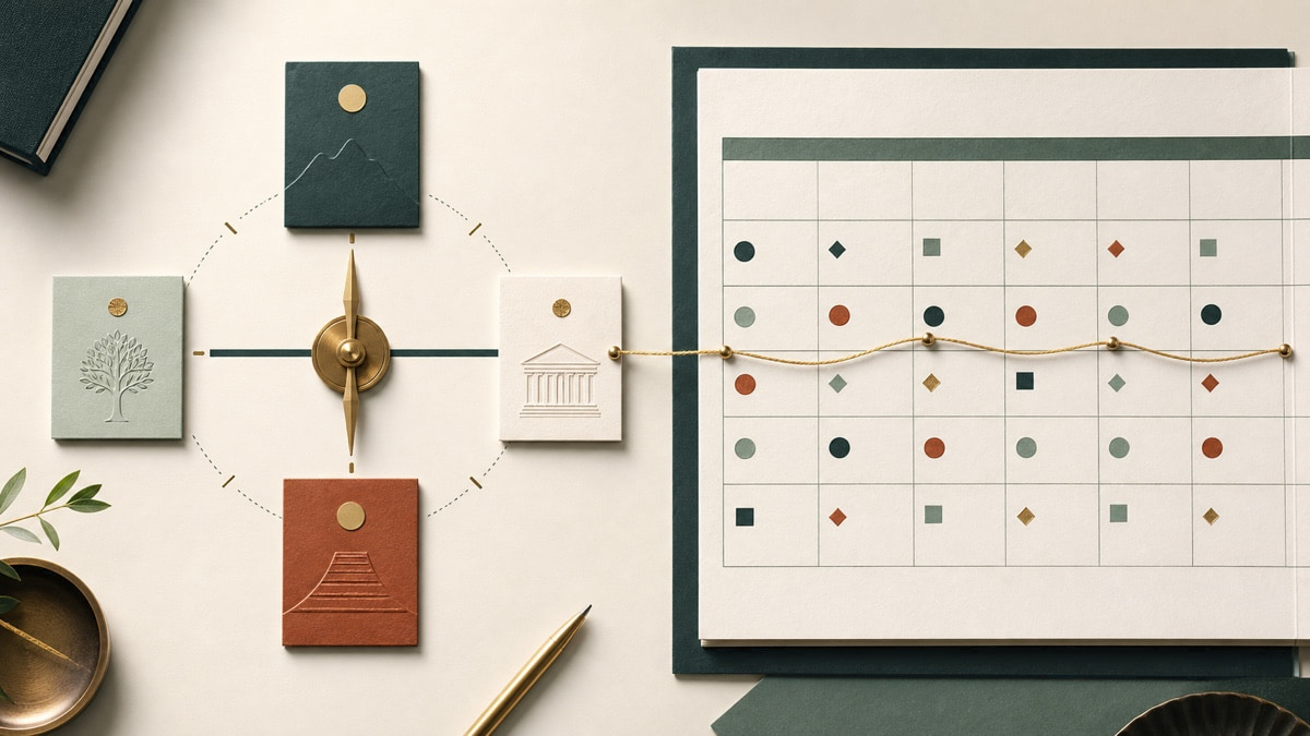 Tactile editorial composition connecting audience strategy to a structured content calendar