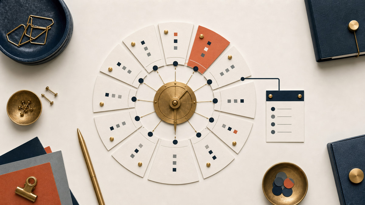Tactile circular planner arranging tax-year content around an annual rhythm