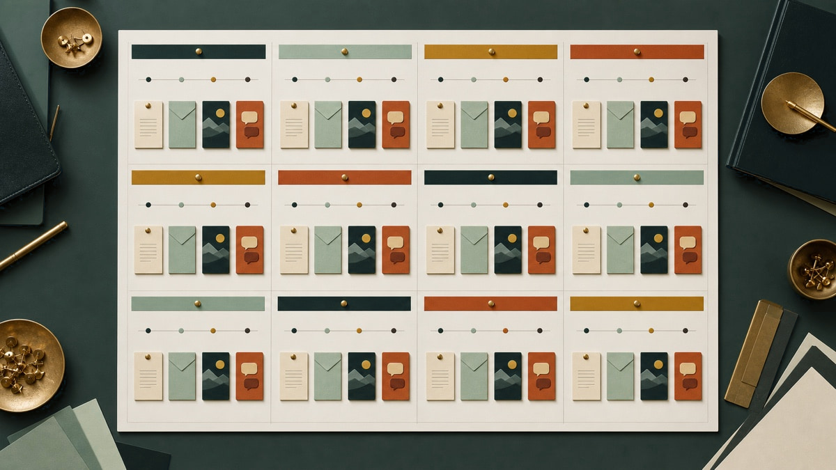 Tactile twelve-month planner with connected navy, copper and coral campaigns